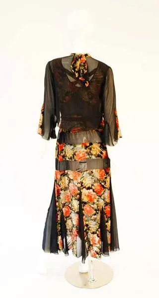 1920's Museum Piece Silk and Sheer Panel Floral Fluted Dress