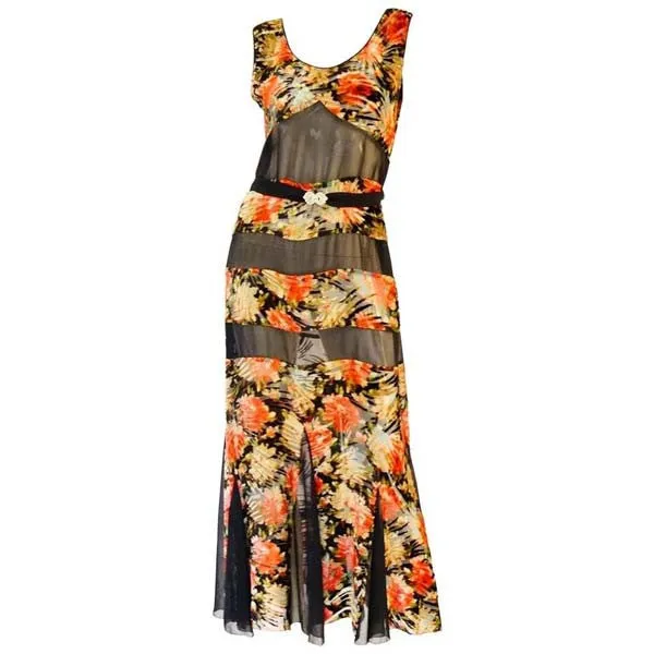 1920's Museum Piece Silk and Sheer Panel Floral Fluted Dress