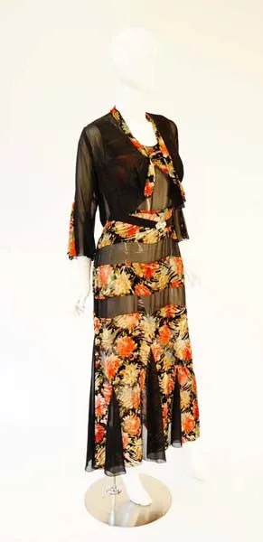 1920's Museum Piece Silk and Sheer Panel Floral Fluted Dress