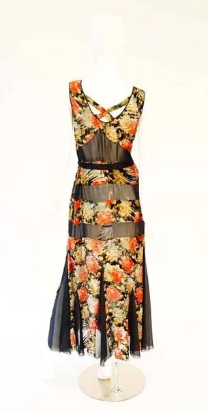 1920's Museum Piece Silk and Sheer Panel Floral Fluted Dress