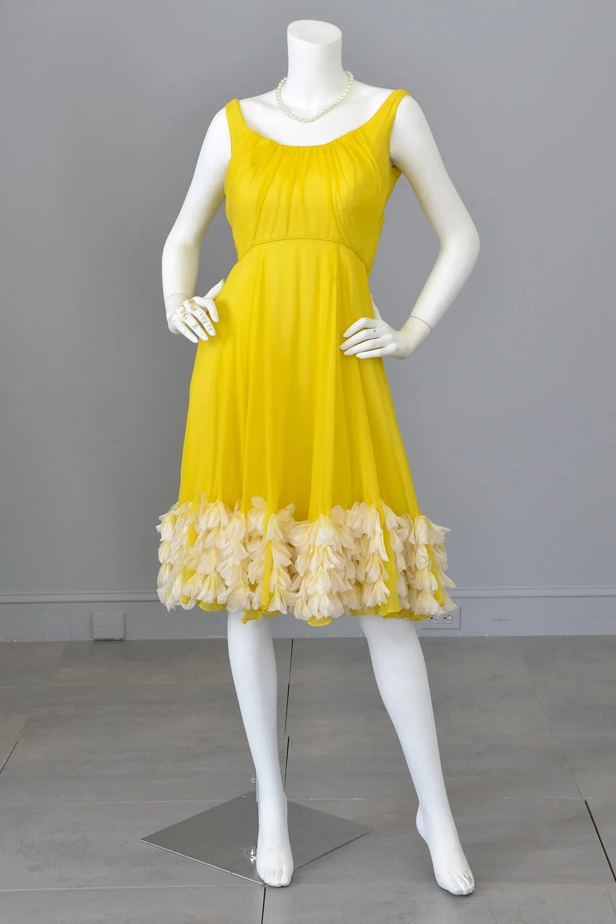 1960s Frothy and Sunny Chiffon Party Dress w amazing Petals at the hem