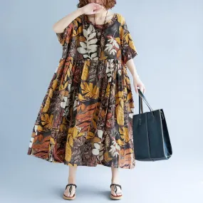 2018 print long cotton linen dresses oversized short sleeve gown vintage o neck baggy dresses linen clothing dress