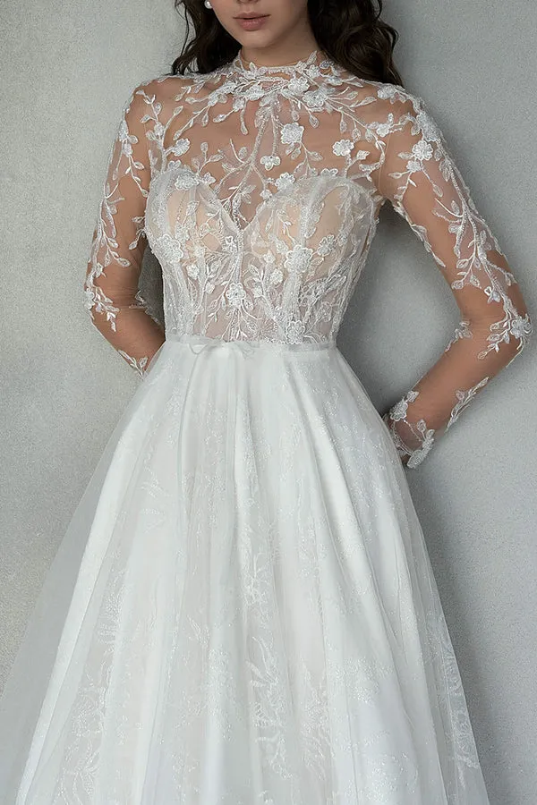 A-line illusion neckline romantic lace princess wedding dress simple bride dress