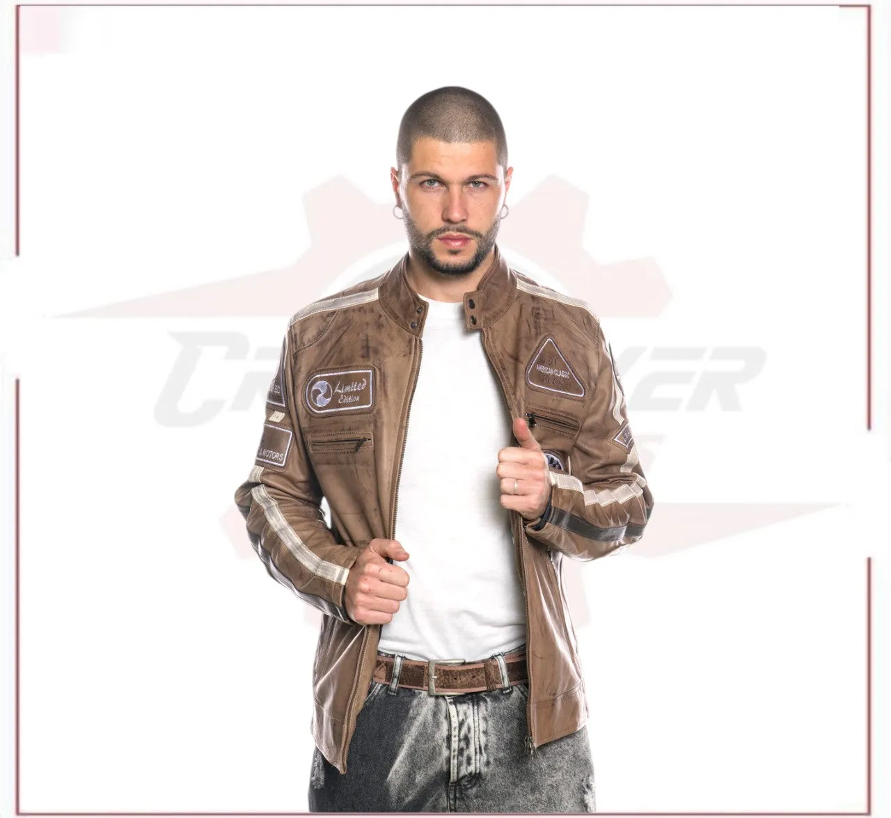 Biker Man's Jacket in genuine Brown Leather of Lamb