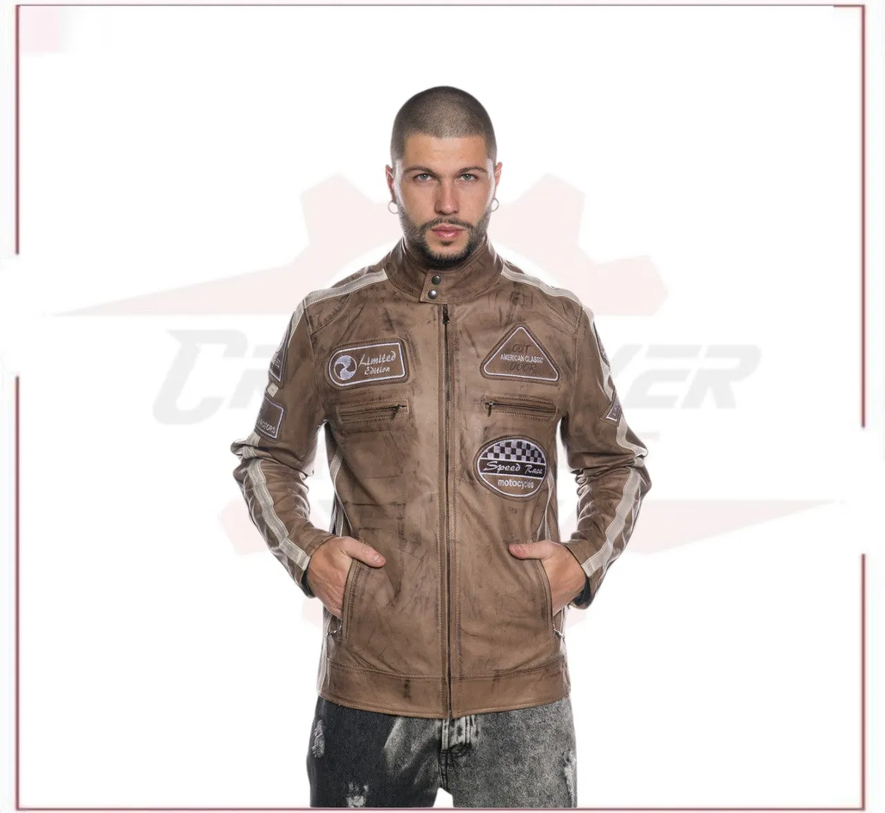 Biker Man's Jacket in genuine Brown Leather of Lamb