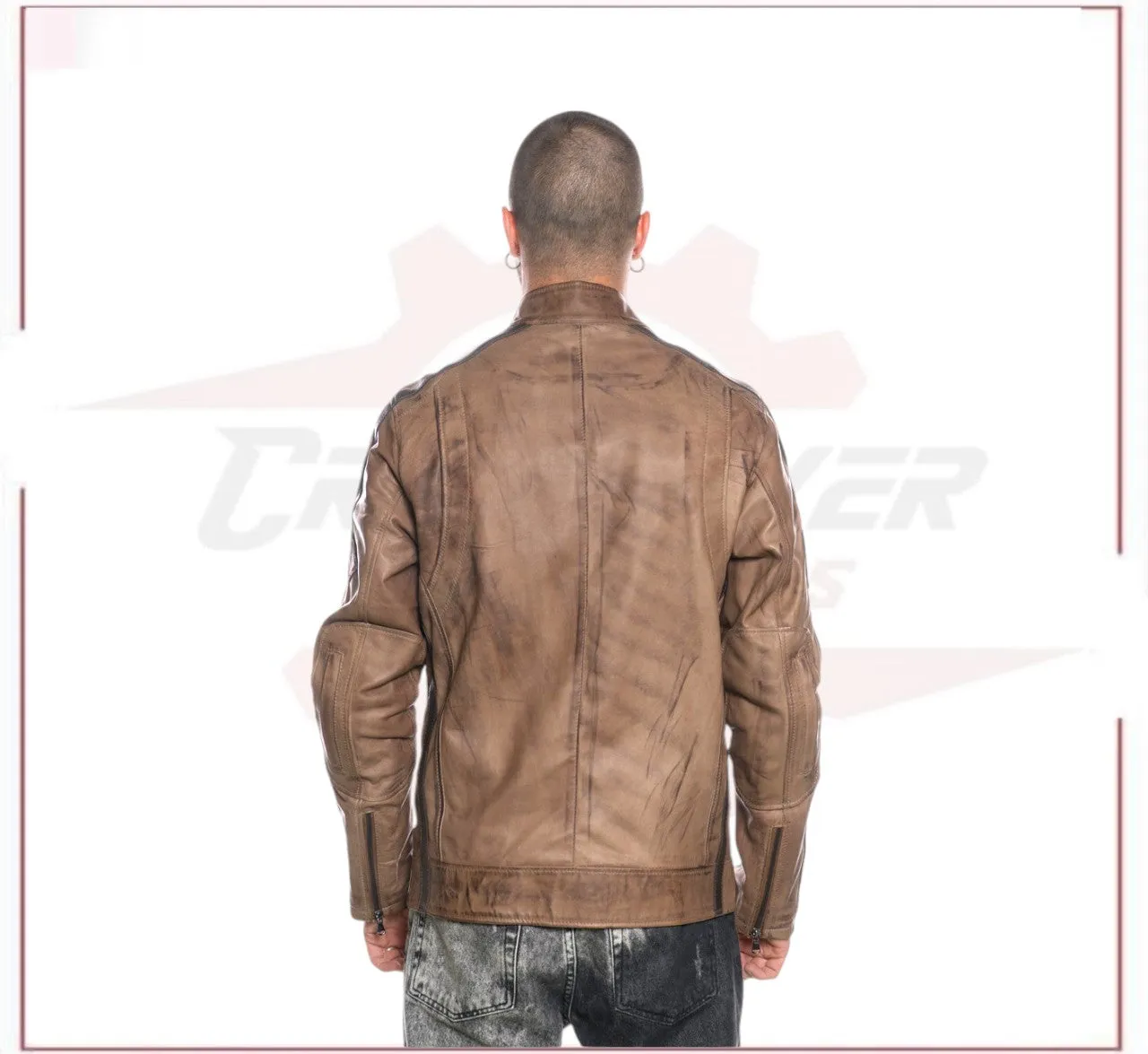 Biker Man's Jacket in genuine Brown Leather of Lamb