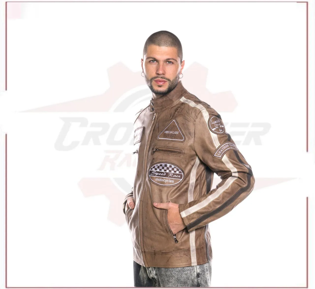 Biker Man's Jacket in genuine Brown Leather of Lamb