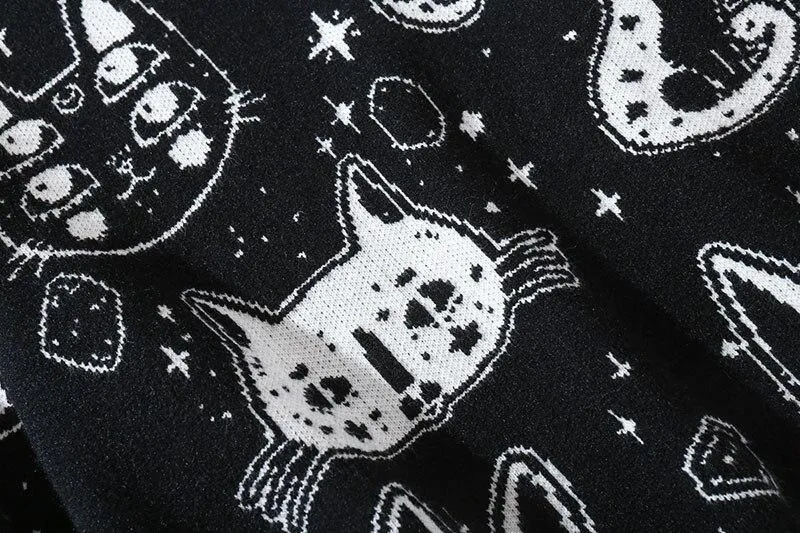 Black and White Cats Knitted Jumpers Casual Sweater Stars Kitten Fun Unique Geek Chic Warm Fun Weird Ugly Pullover