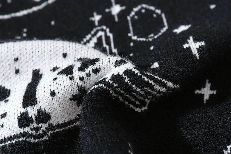 Black and White Cats Knitted Jumpers Casual Sweater Stars Kitten Fun Unique Geek Chic Warm Fun Weird Ugly Pullover