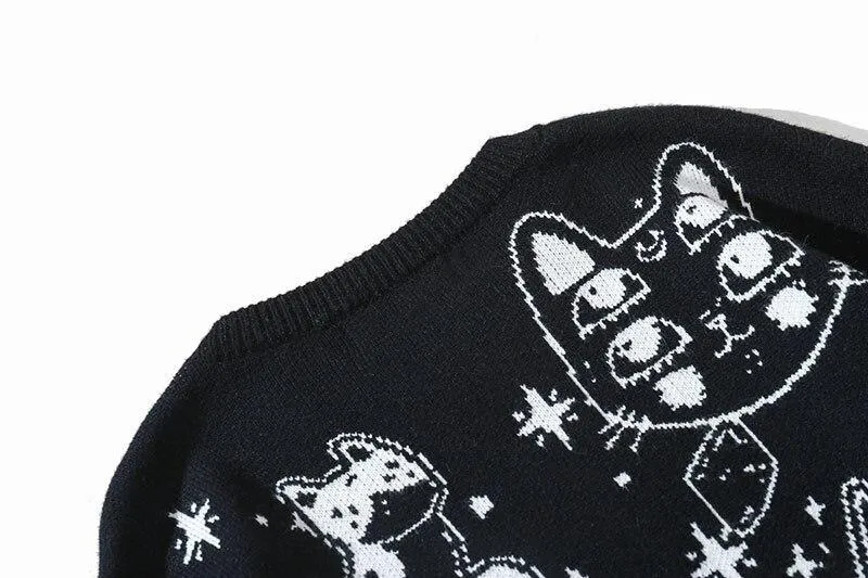 Black and White Cats Knitted Jumpers Casual Sweater Stars Kitten Fun Unique Geek Chic Warm Fun Weird Ugly Pullover