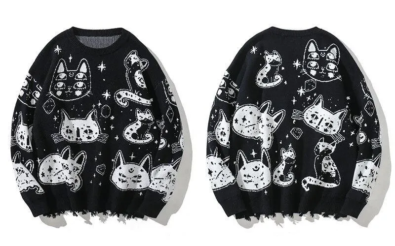 Black and White Cats Knitted Jumpers Casual Sweater Stars Kitten Fun Unique Geek Chic Warm Fun Weird Ugly Pullover