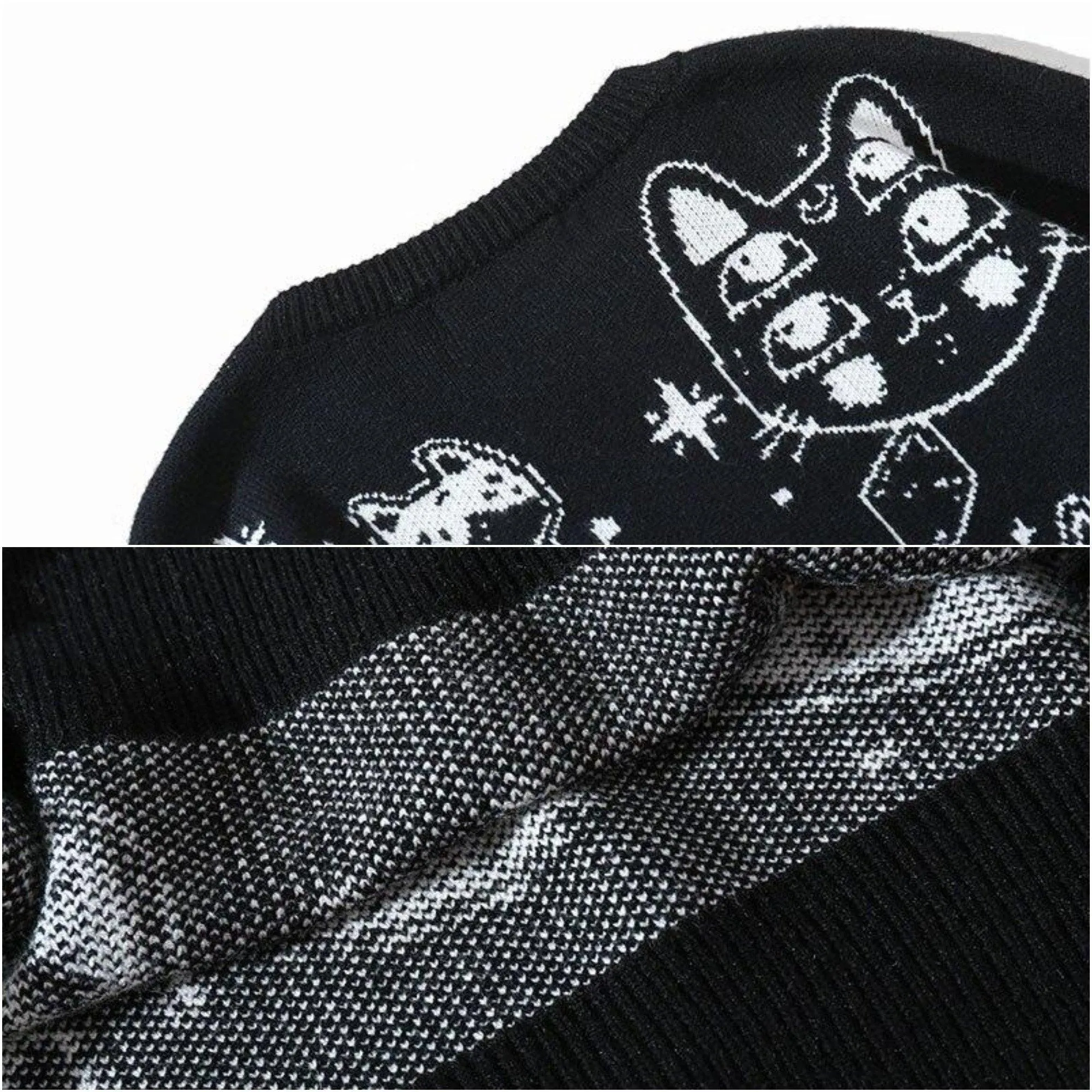 Black and White Cats Knitted Jumpers Casual Sweater Stars Kitten Fun Unique Geek Chic Warm Fun Weird Ugly Pullover