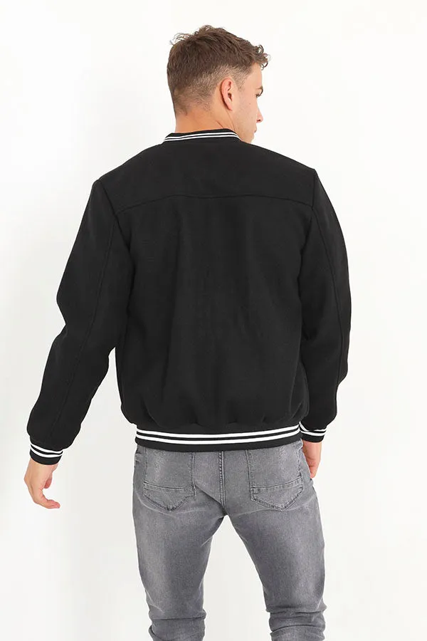 BLACK FAUX WOOL STRIPE DETAIL BOMBER JACKET