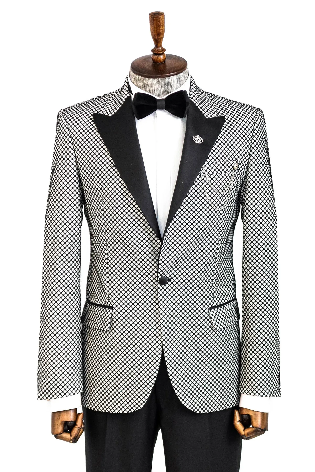 Black Patterned Over White Men Party Blazer - Wessi