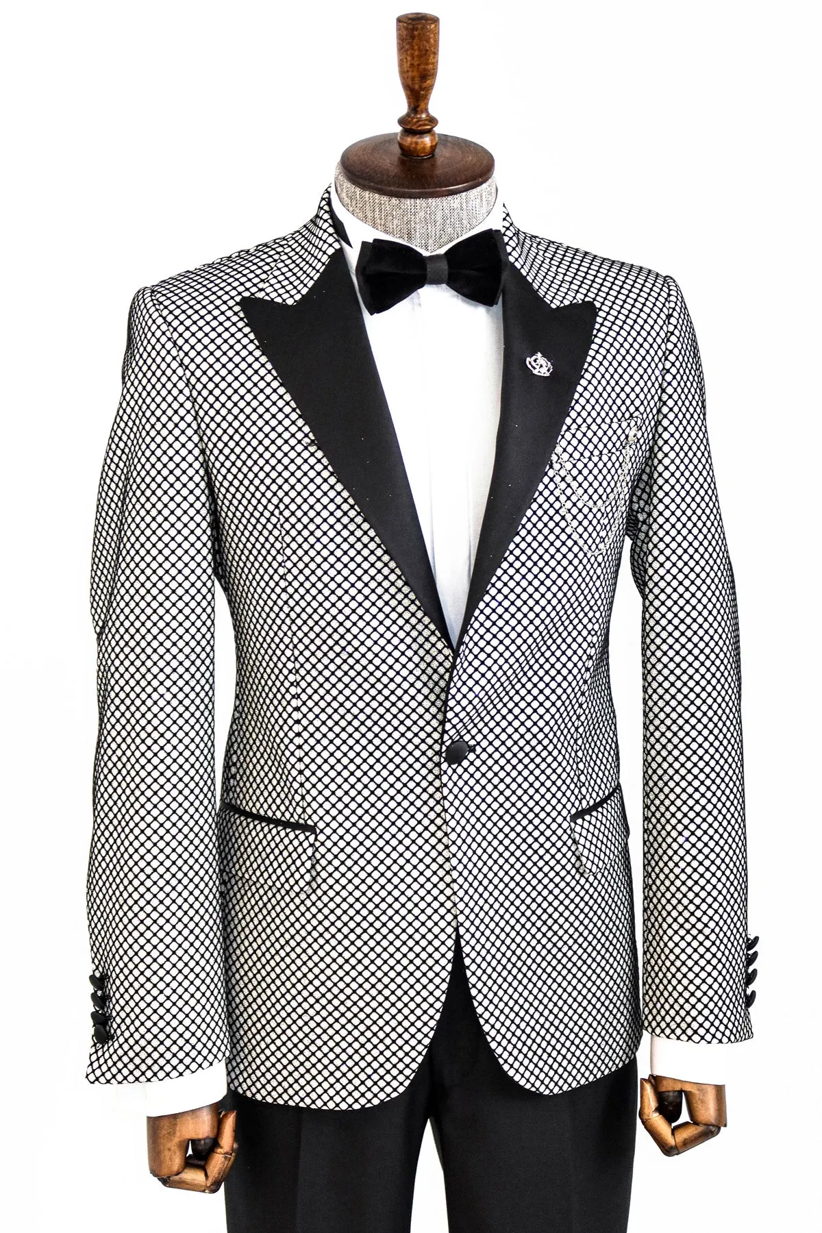 Black Patterned Over White Men Party Blazer - Wessi