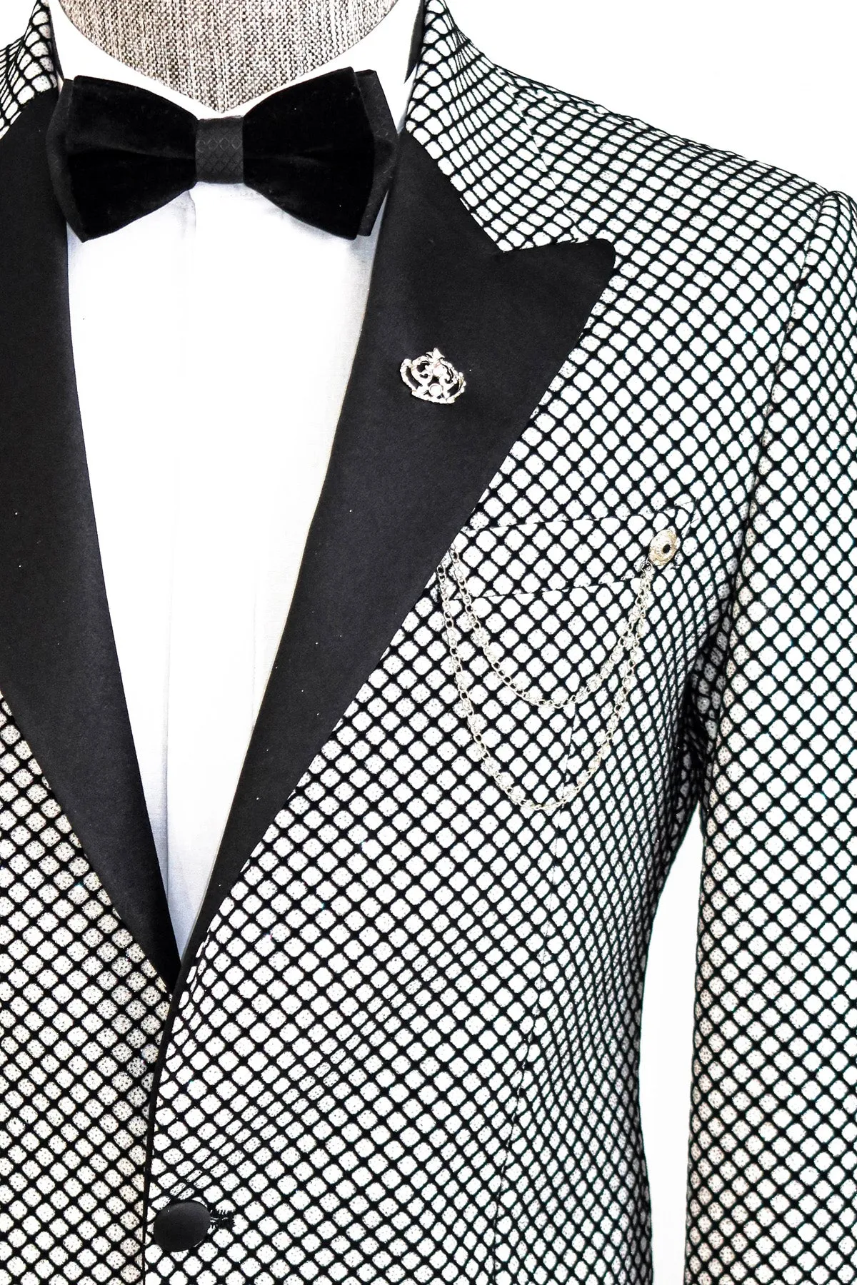 Black Patterned Over White Men Party Blazer - Wessi