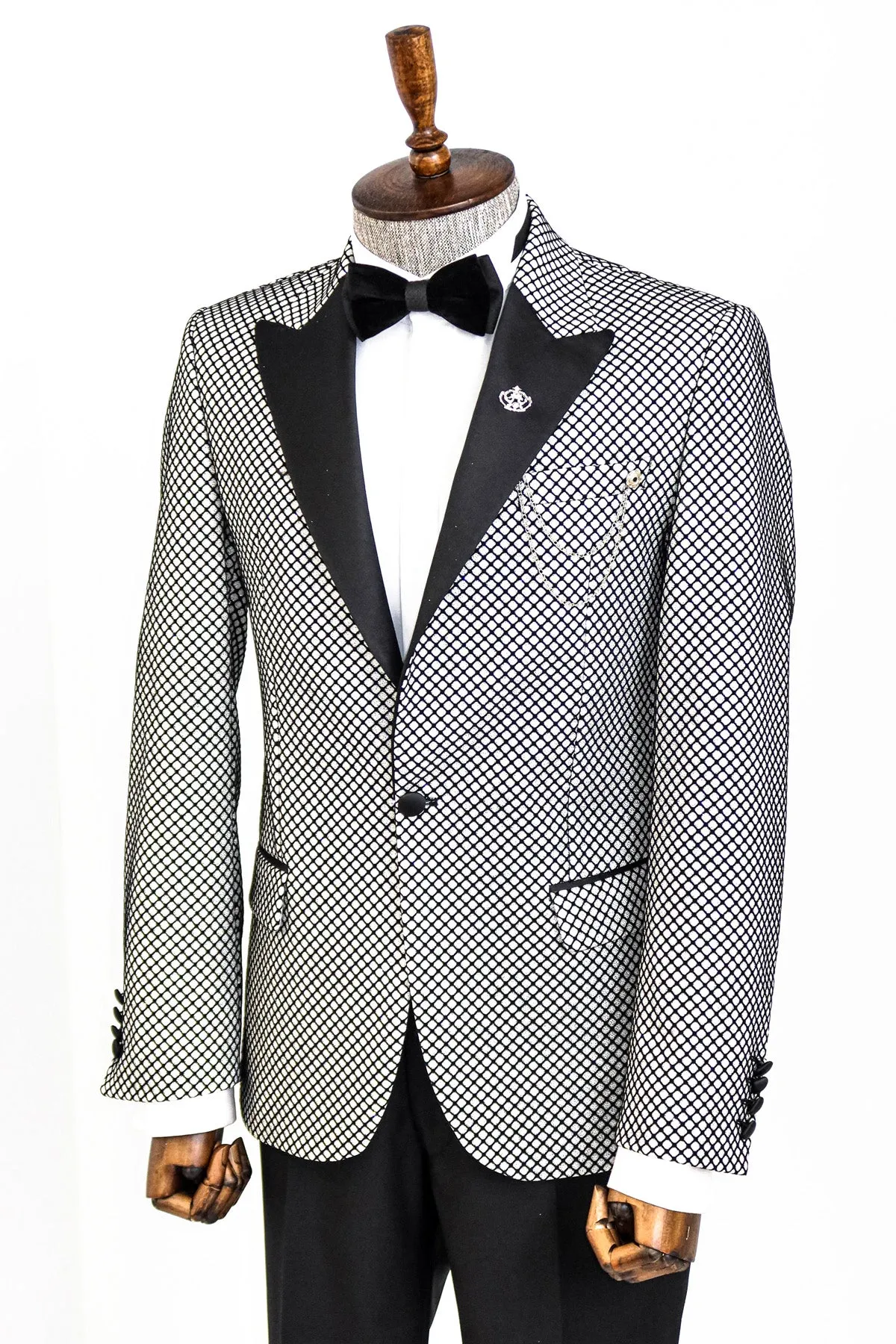 Black Patterned Over White Men Party Blazer - Wessi