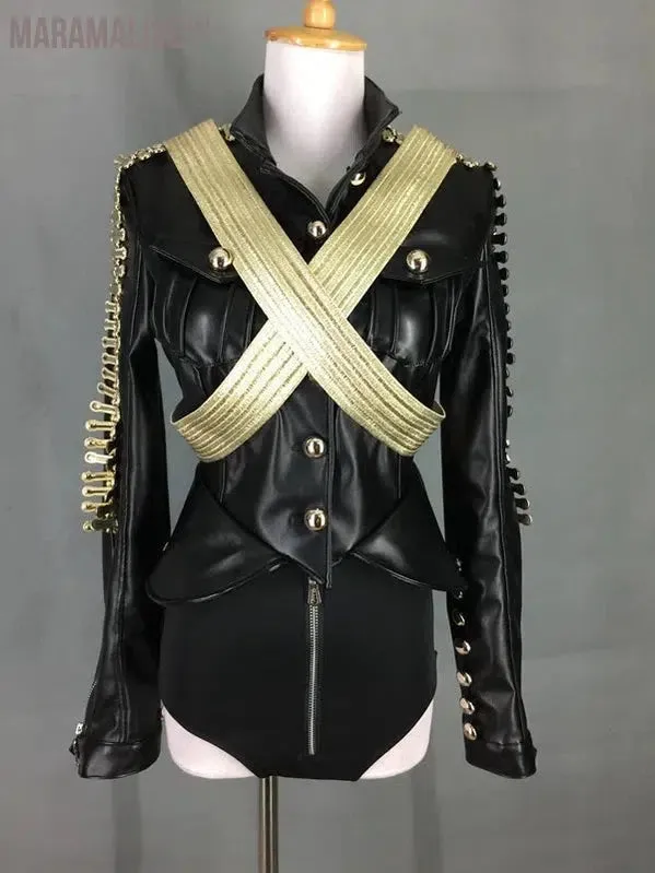 Black White Fashion Personalized Leather Jacket Shorts Outfits Bar Nightclub Female Singer DJ Dance Stage Performance Clothes