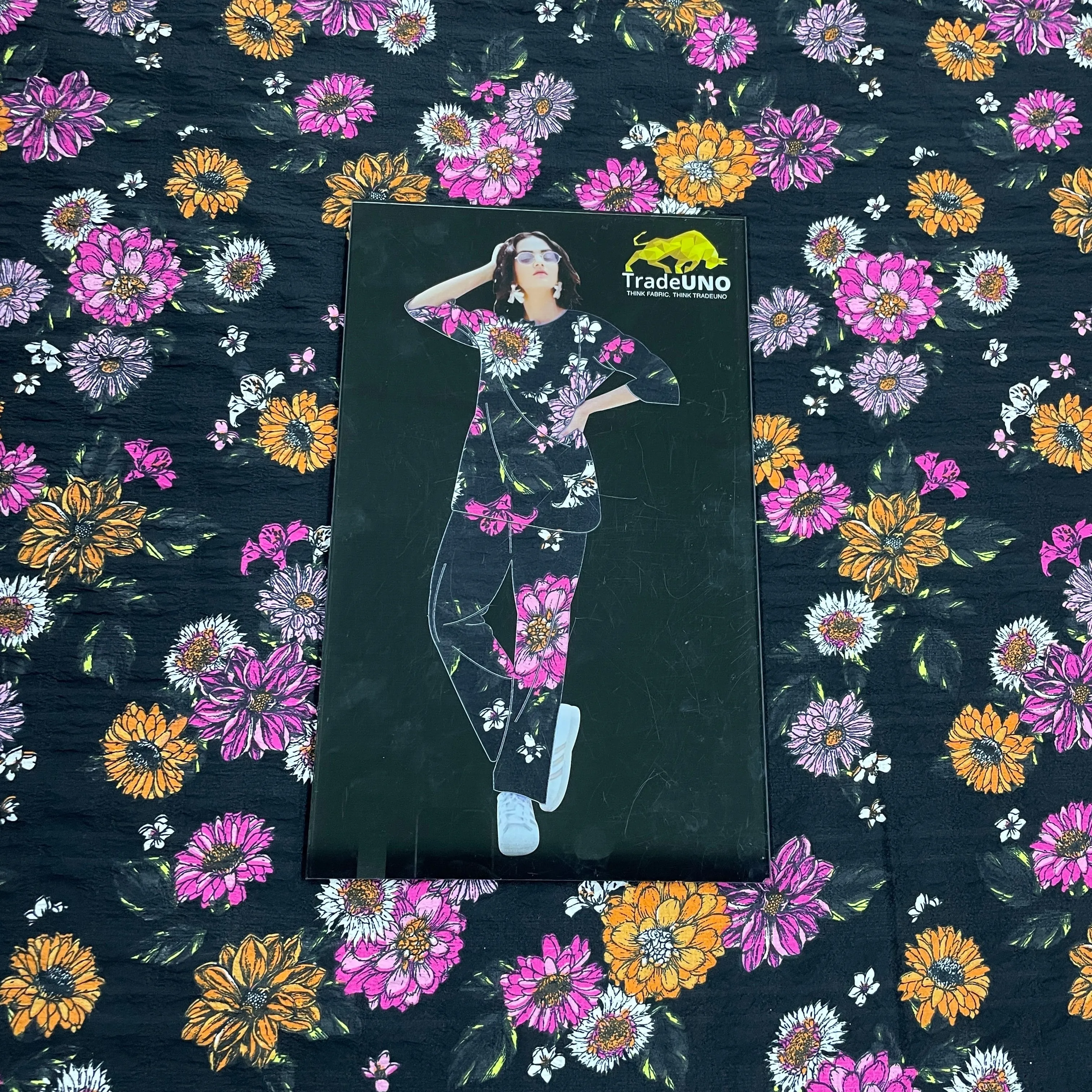 Black With Multicolor Floral Print Moss Crepe Fabric