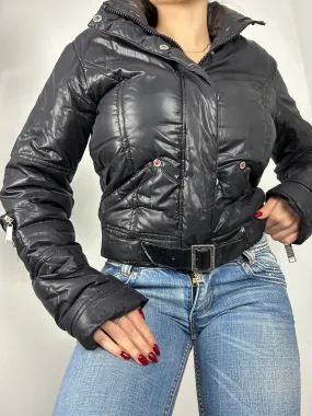 Black zip up winter puffer biker jacket (S/M)