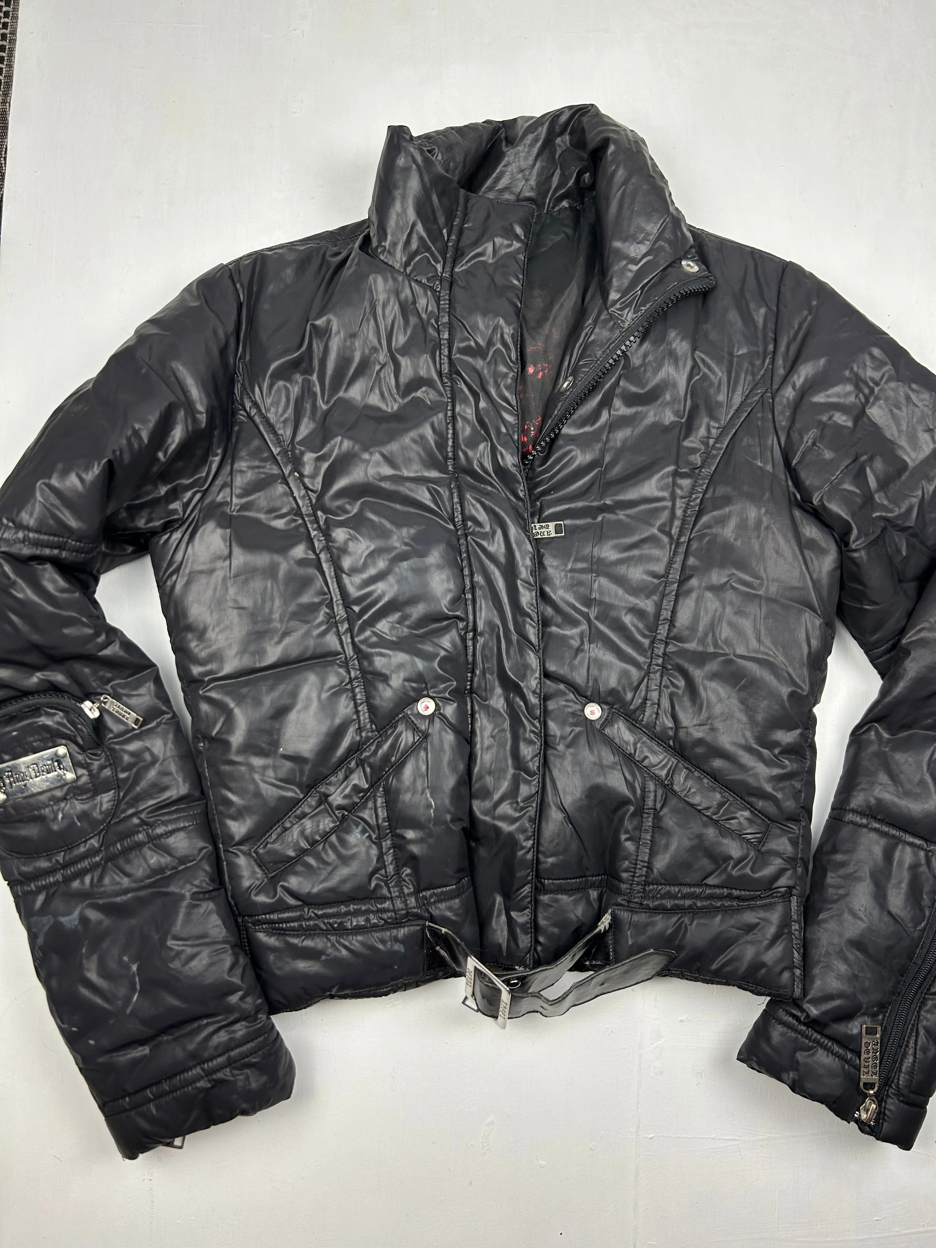 Black zip up winter puffer biker jacket (S/M)