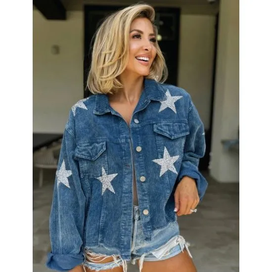 Blue Corduroy Jacket with Sequin Silver Stars