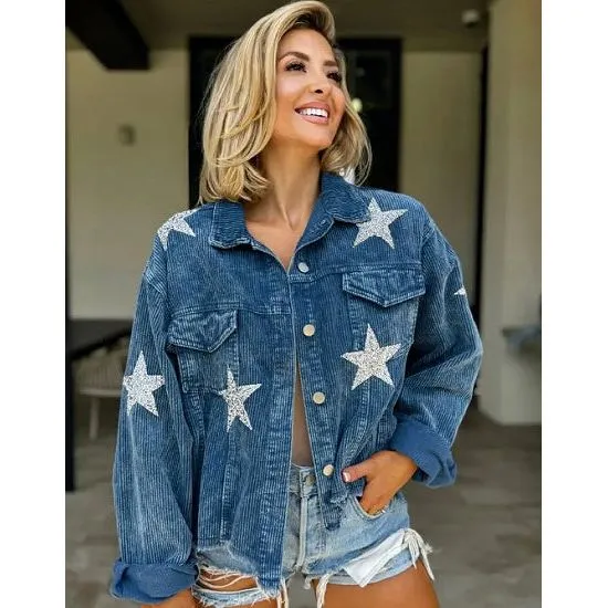 Blue Corduroy Jacket with Sequin Silver Stars