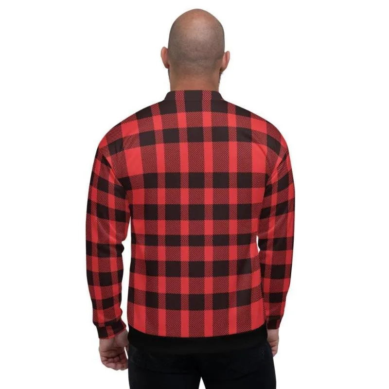 Bomber Jacket For Men, Red And Black Plaid Colorblock Pattern