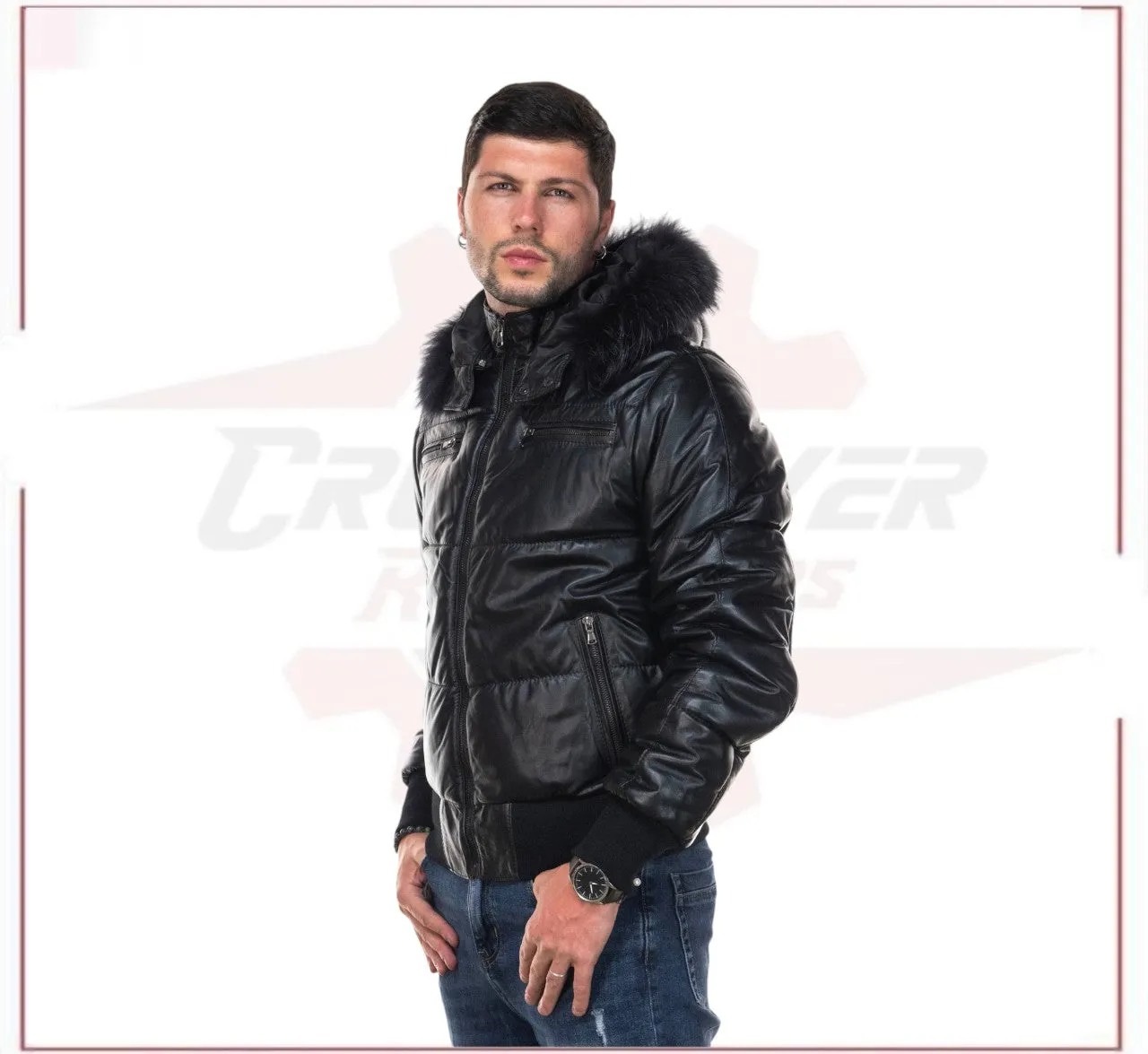 Boston - Men's Down Jacket in Genuine Black Leather