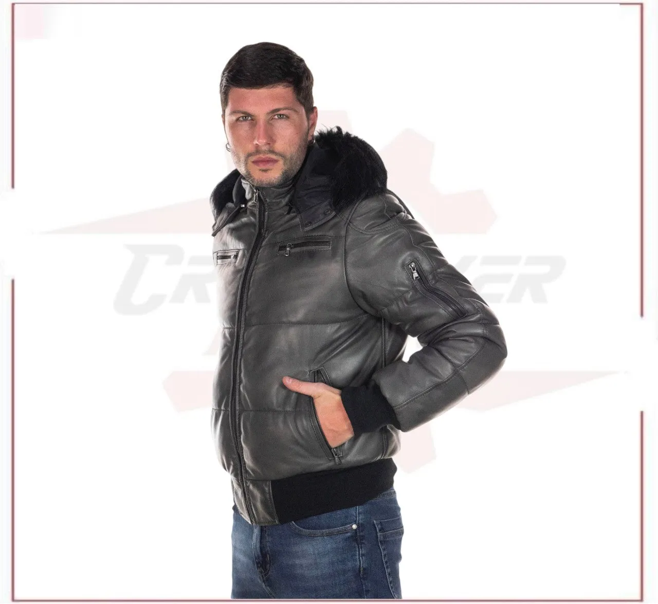 Boston - Men's Down Jacket in Genuine Grey Leather