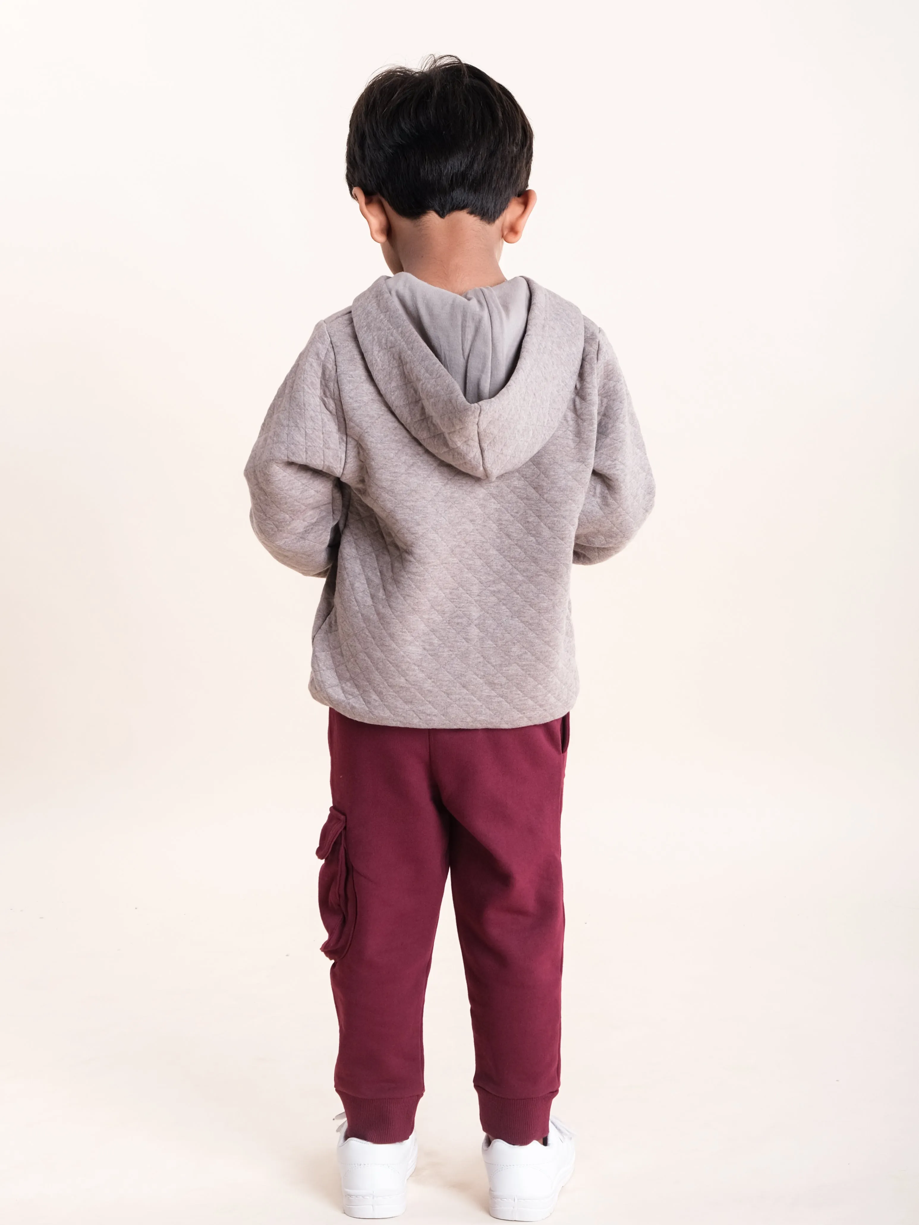 Boys Cotton Quilted Hooded Jacket With Fleece Cargo Track Pant Set