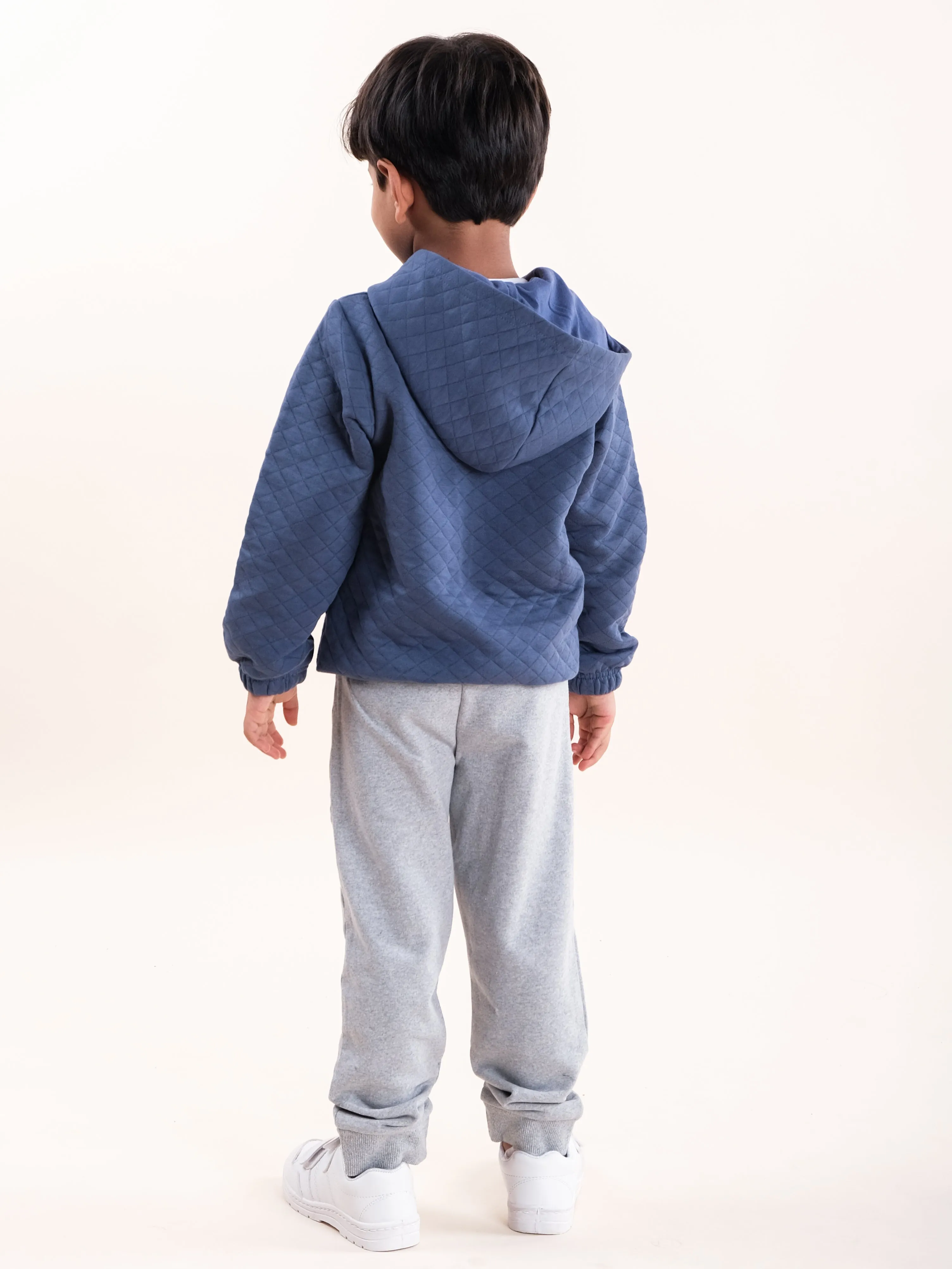 Boys Cotton Quilted Hooded Jacket With Solid Fleece Track Pant Set