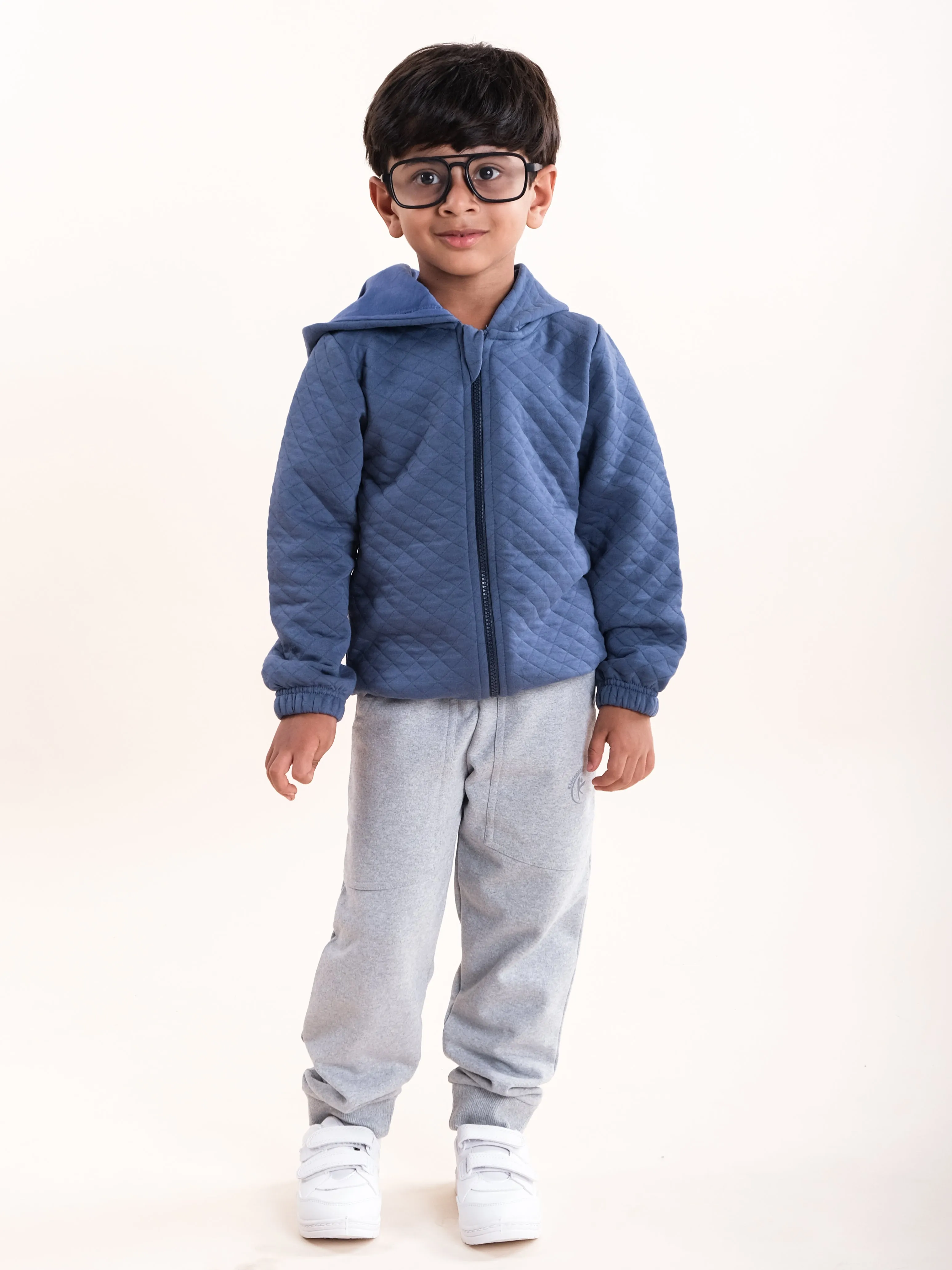 Boys Cotton Quilted Hooded Jacket With Solid Fleece Track Pant Set