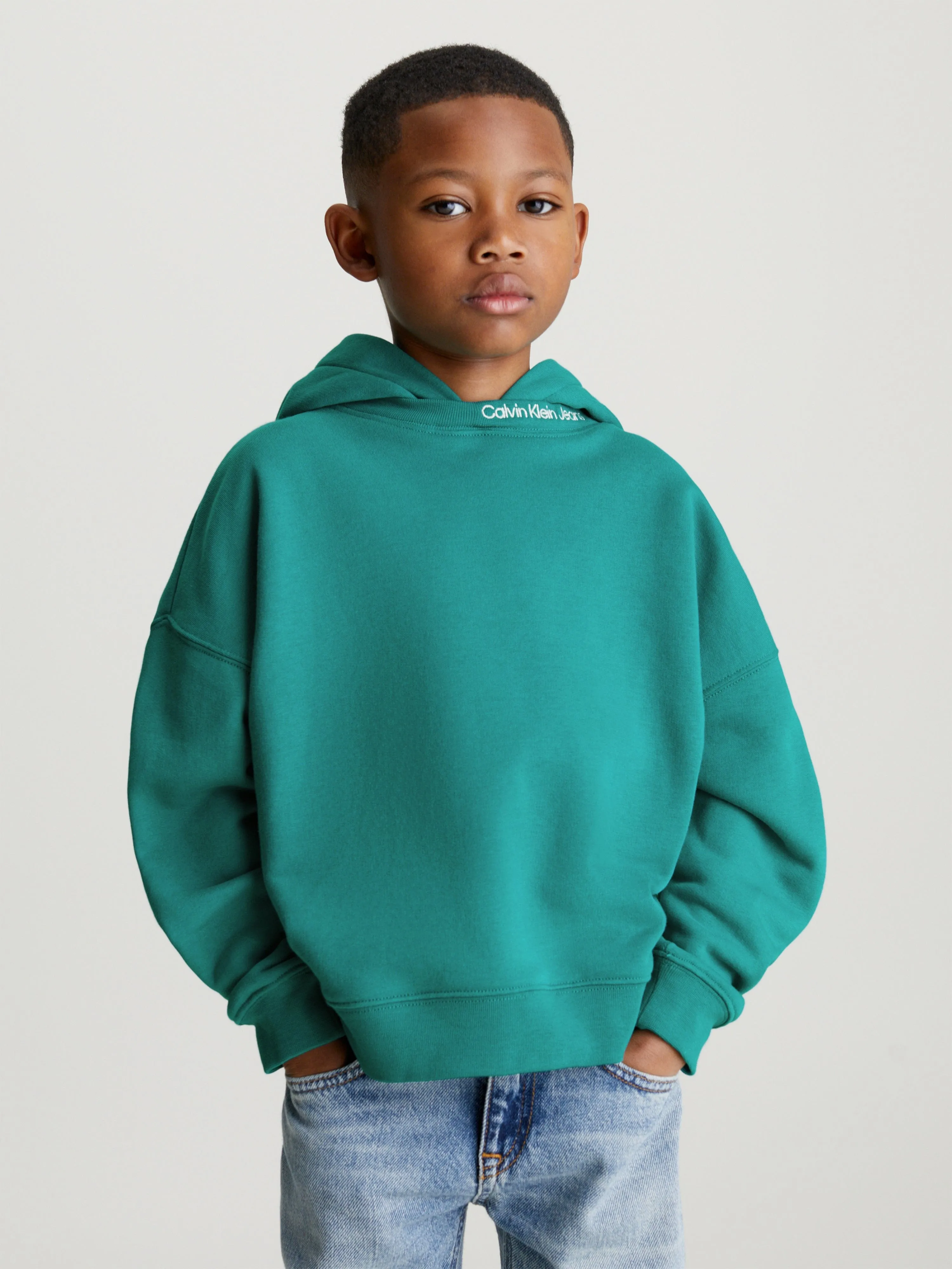 Calvin Klein Boys Intarsia Logo Terry Hoodie in Green