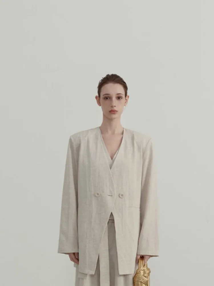 Casual Collarless Linen Blazer