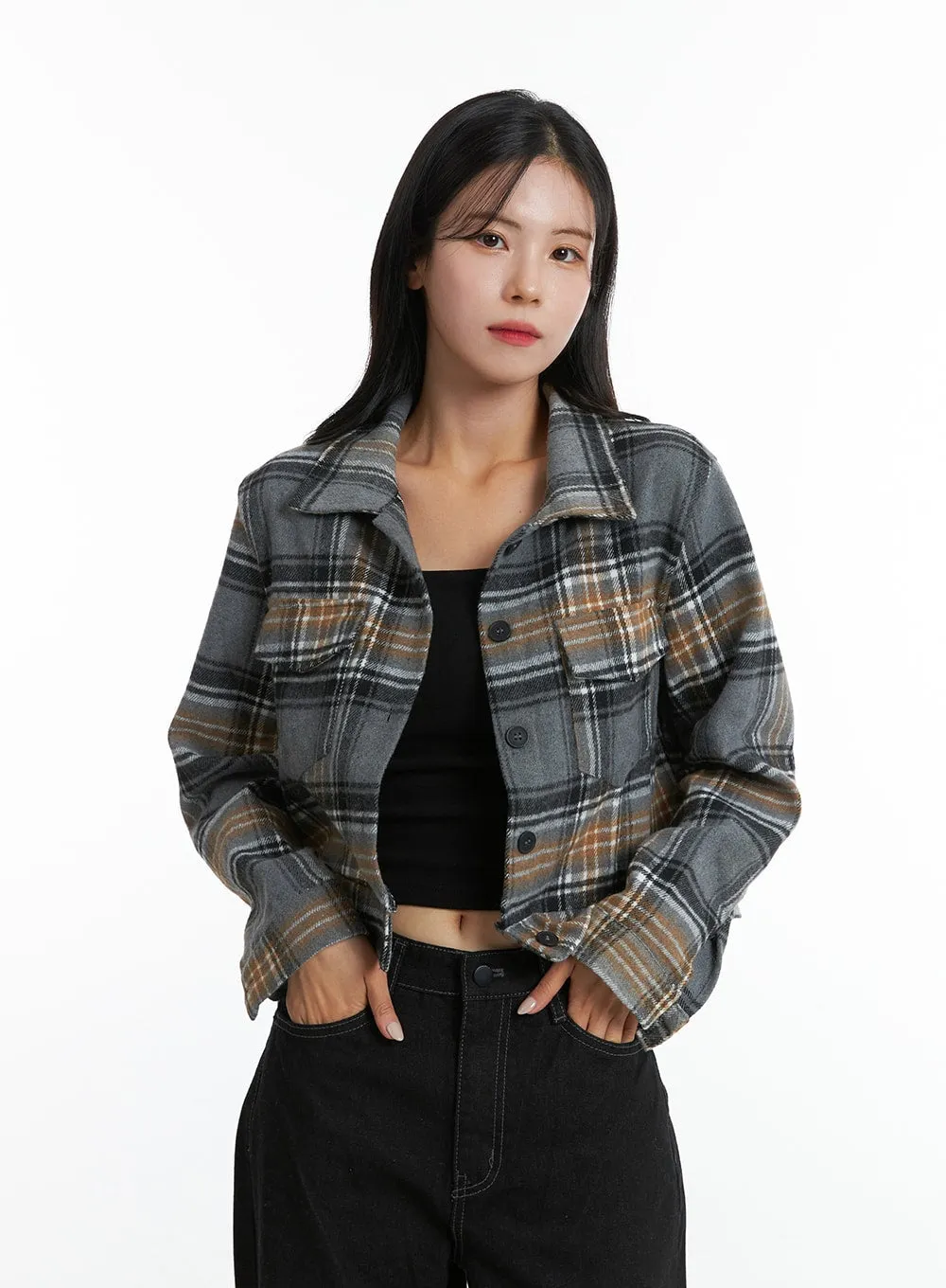 Checkered Crop Button Jacket OD307