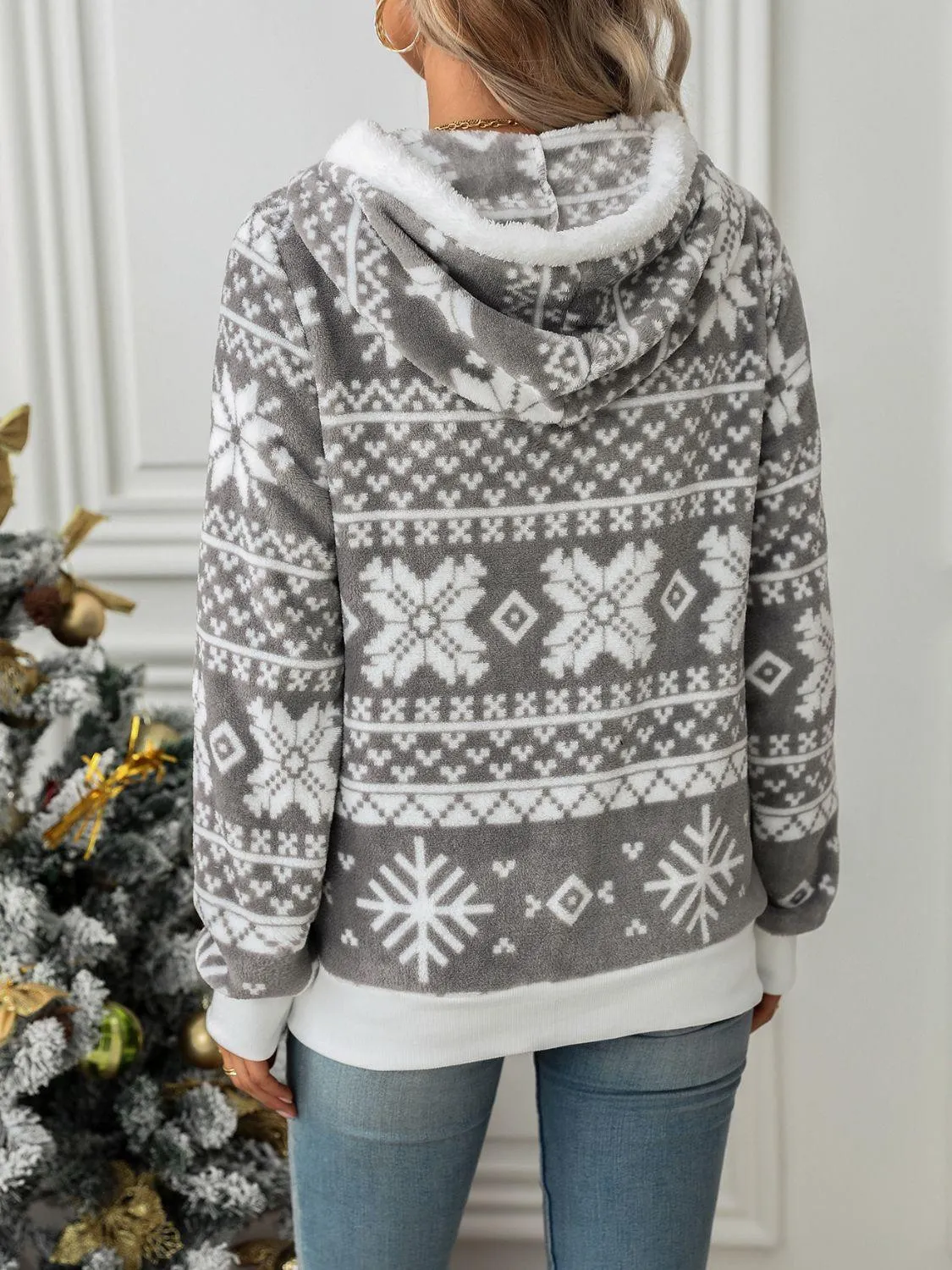 Christmas Jacket Women Snowflake Zip Up Hooded Warm Outerwear