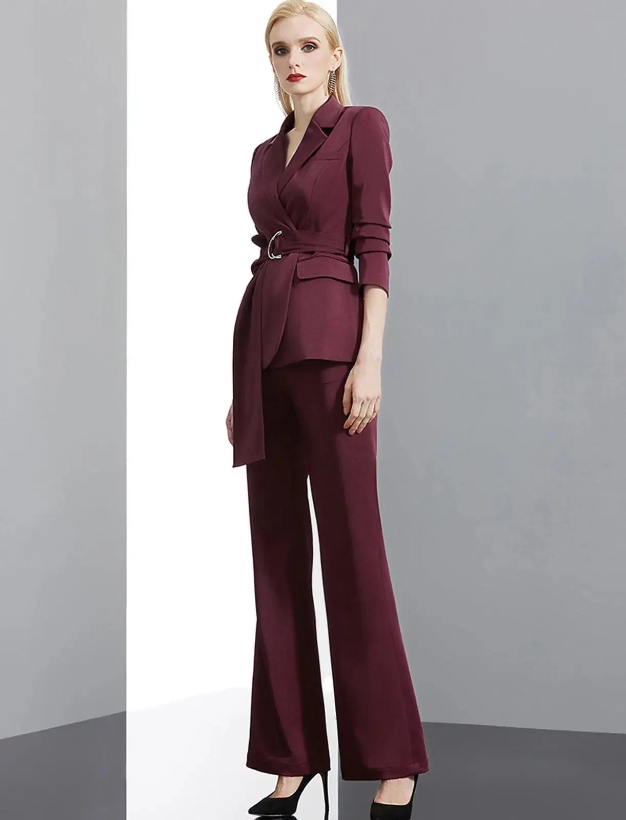 Claret Buckle Belted Blazer & Flare Pants Suit Set