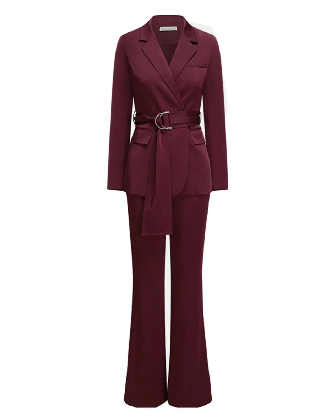 Claret Buckle Belted Blazer & Flare Pants Suit Set