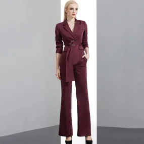 Claret Buckle Belted Blazer & Flare Pants Suit Set