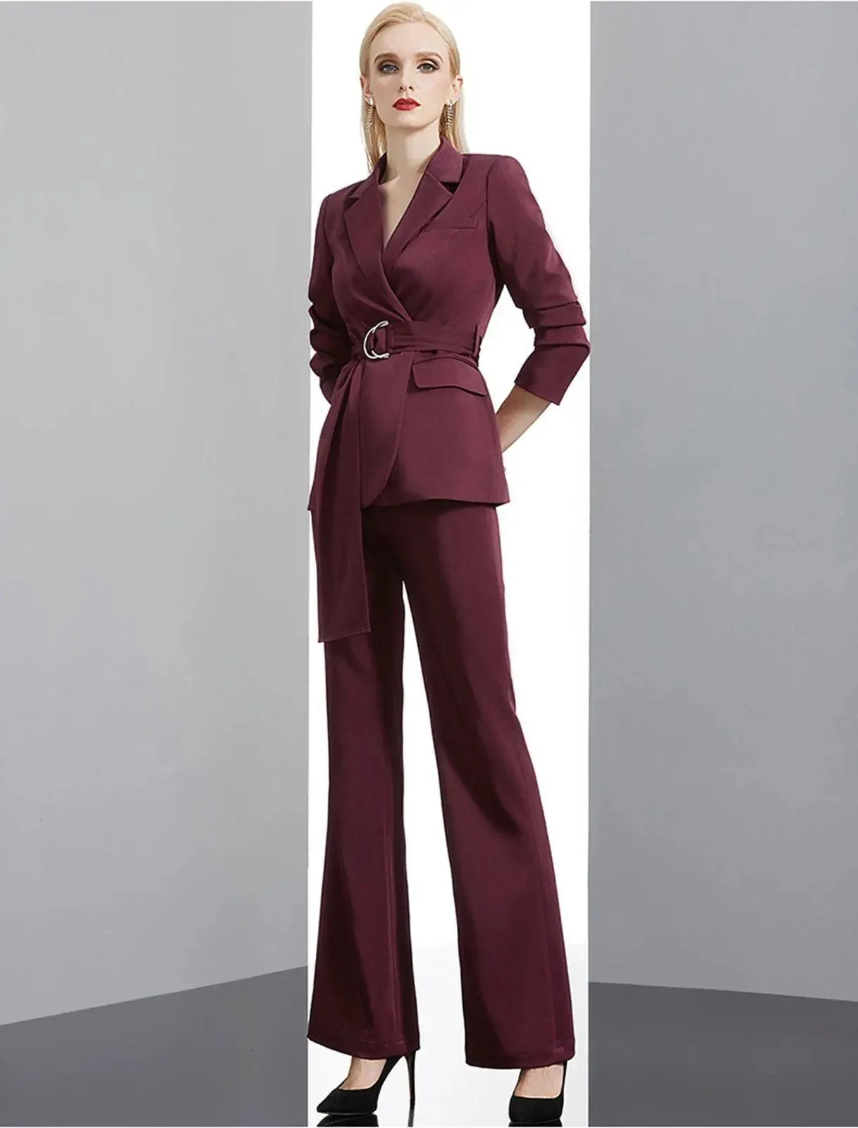 Claret Buckle Belted Blazer & Flare Pants Suit Set