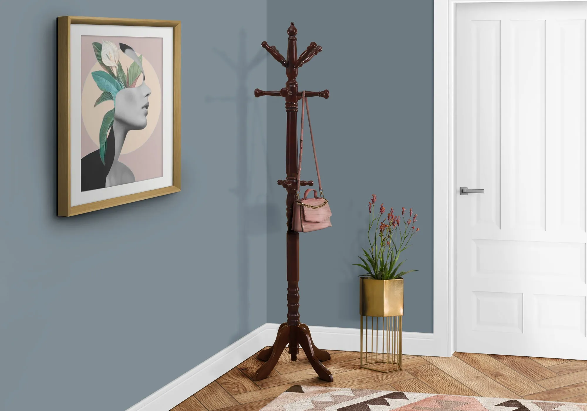 Coat Rack, Hall Tree, Free Standing, 11 Hooks, Entryway, 73"h, Bedroom, Brown Wood, Transitional