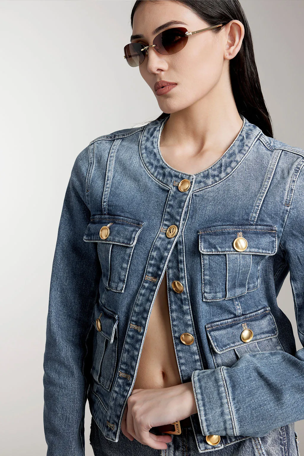 Crew Neck Cropped Cargo Denim Jacket