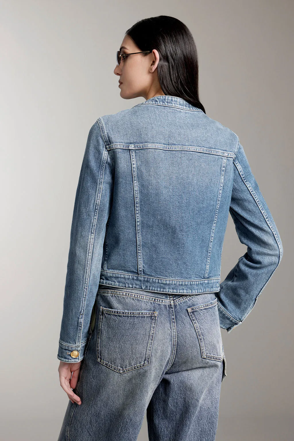 Crew Neck Cropped Cargo Denim Jacket