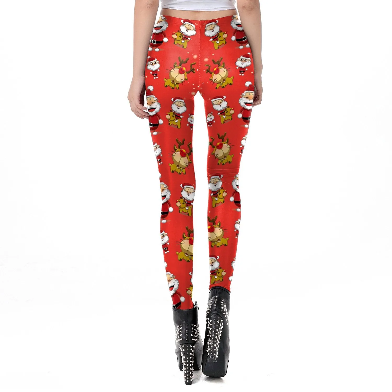 Cute Reindeer Santa Claus Print Women Christmas Party Skinny Leggings