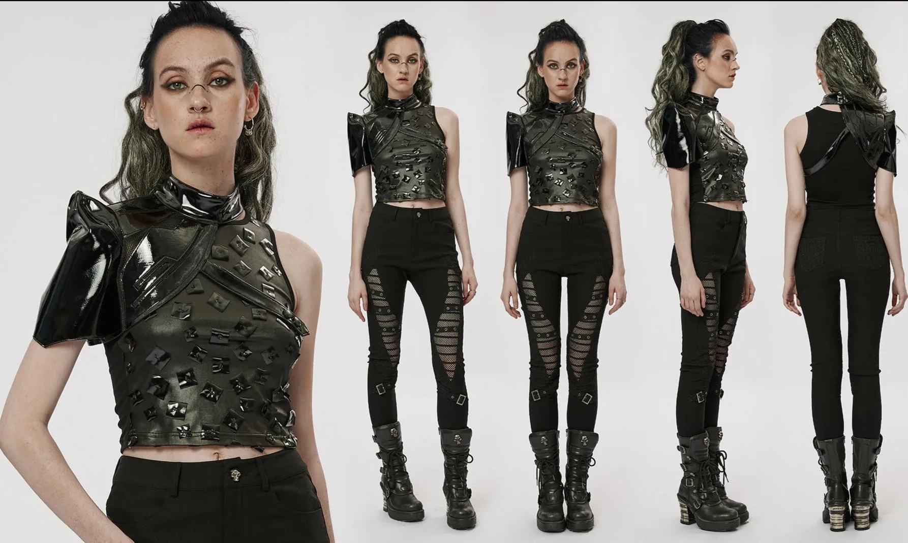 Cyberpunk One-Arm Short Sleeve Jacket Crop Tops Racerback Patent Leather Jacket