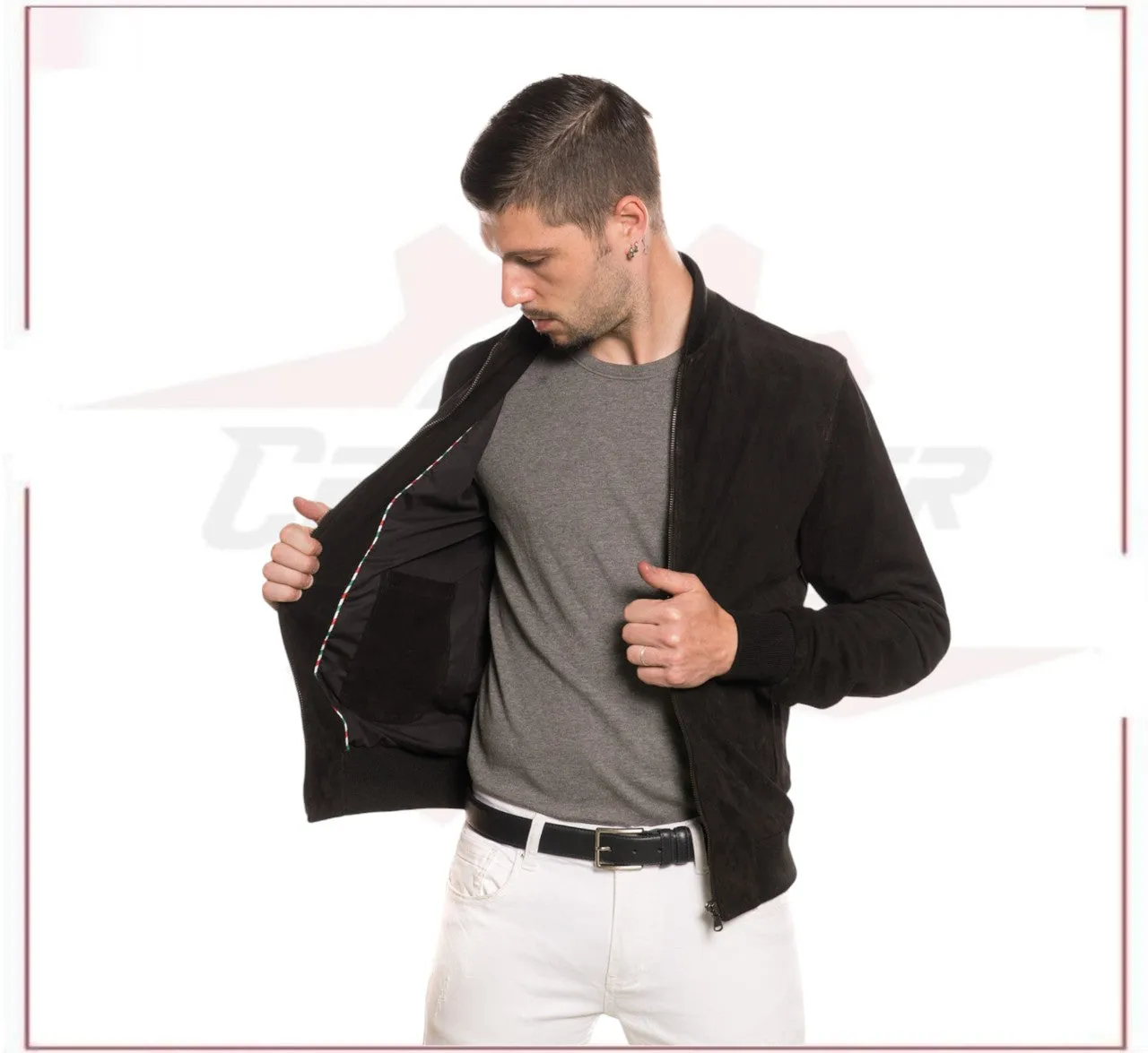 David - Men's Bomber Jacket in Genuine Black Suede Leather