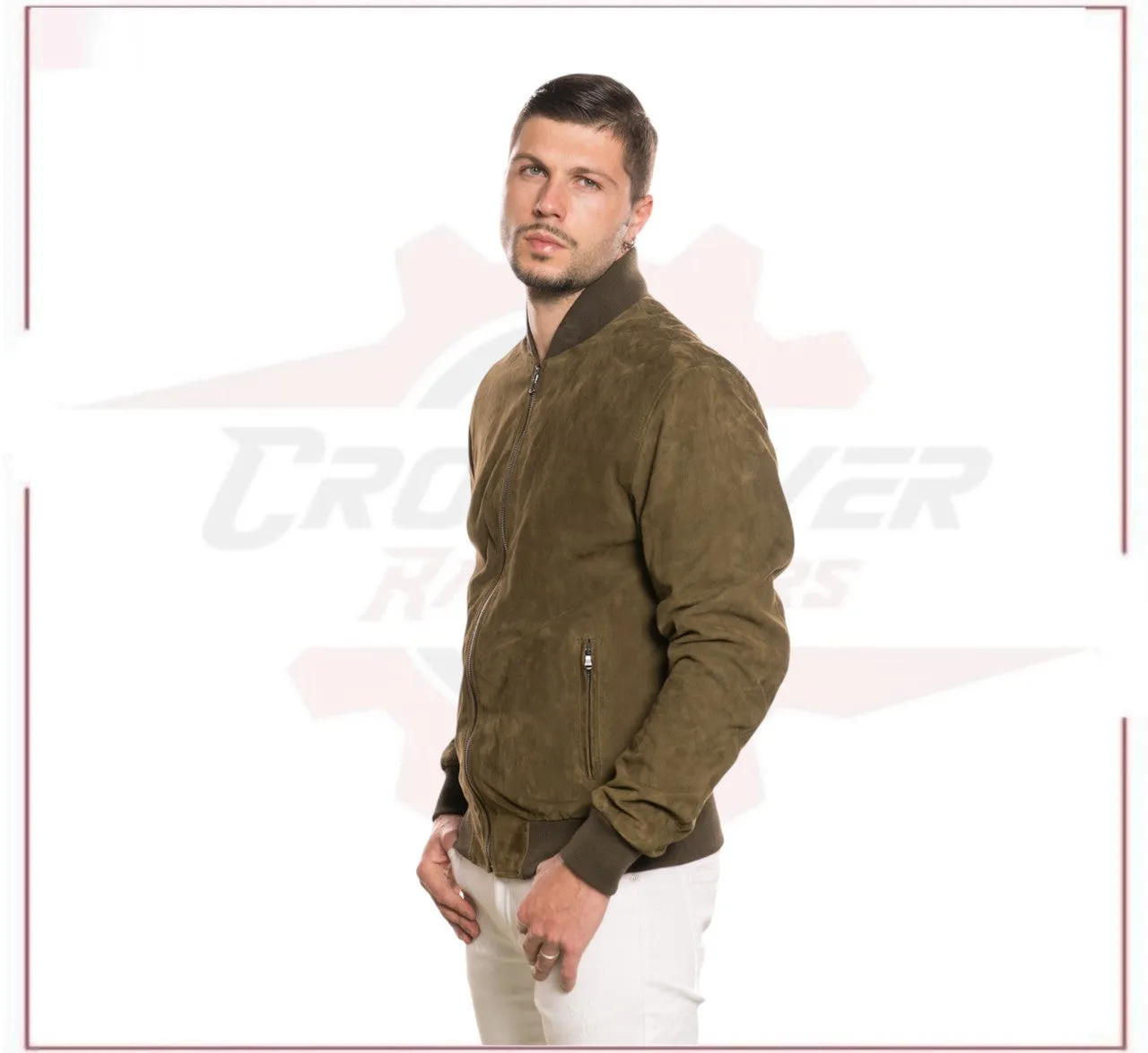 David - Men's Bomber Jacket in Genuine Light Green Suede Leather