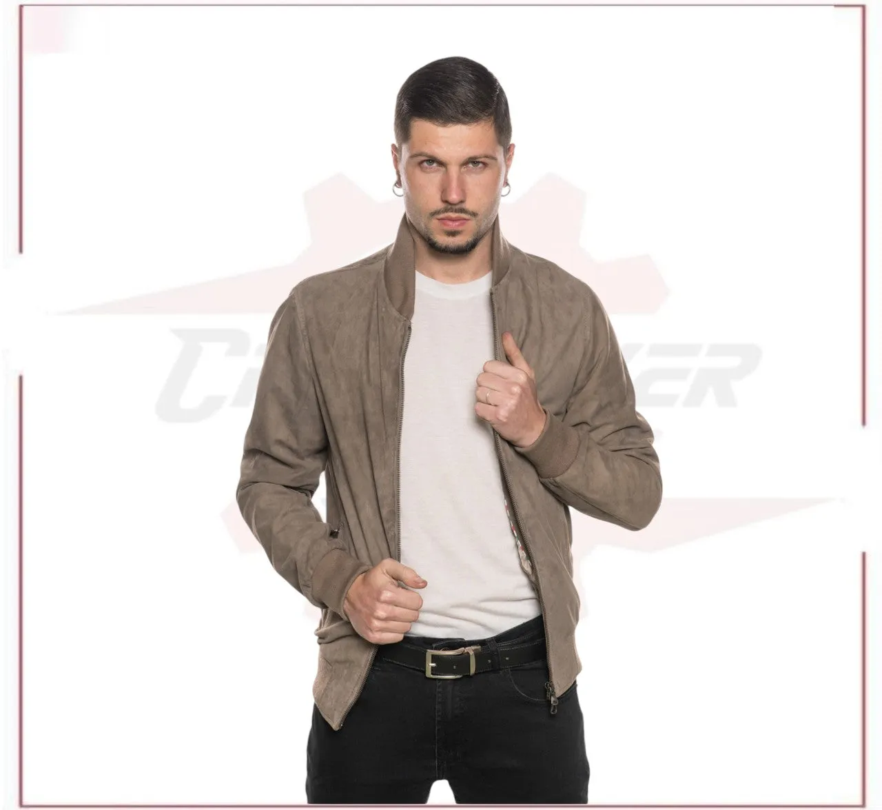 David - Men's Bomber Jacket in Genuine Taupe Suede Leather