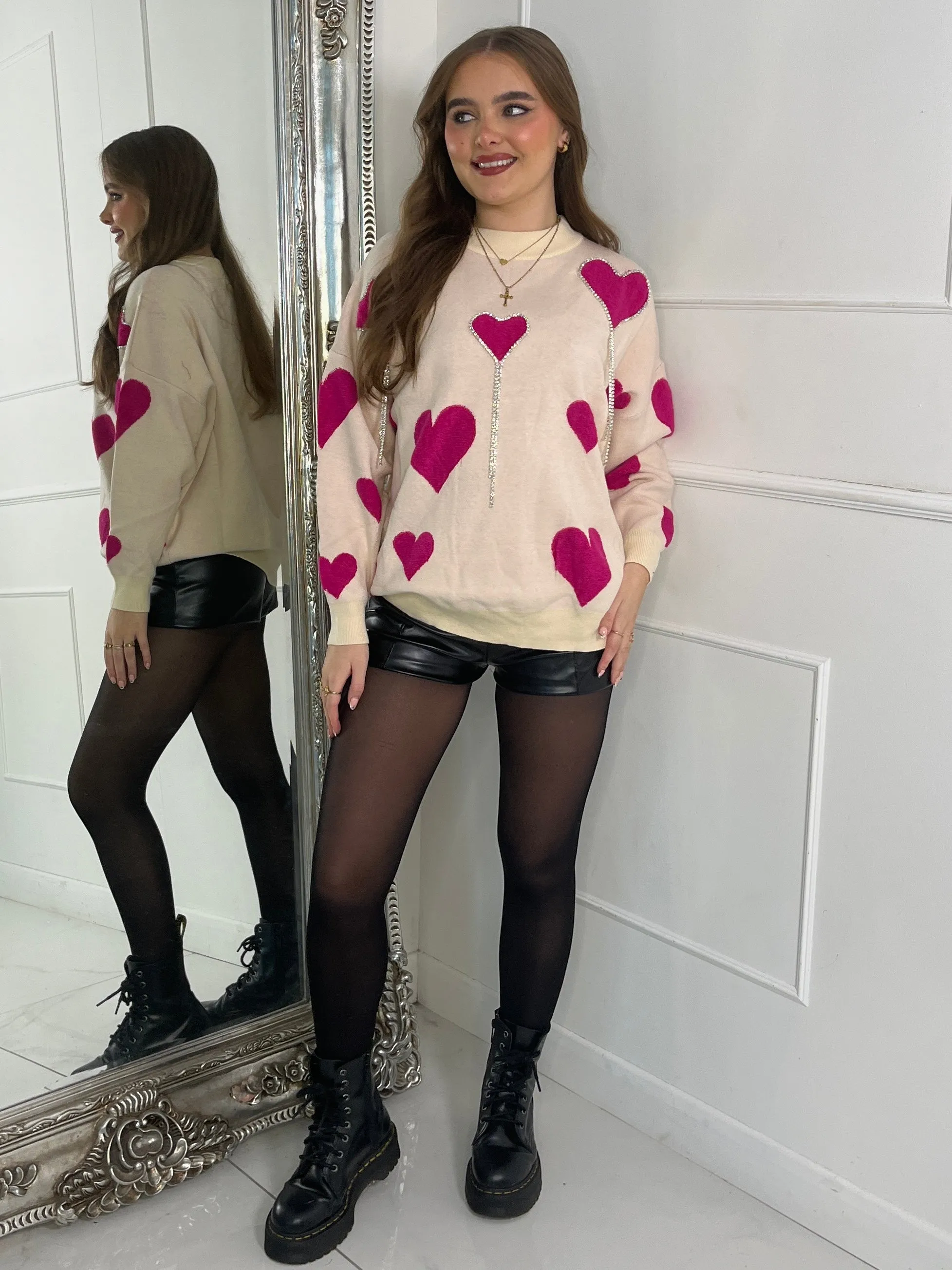 Diamante Heart Jumper - Cream W Cerise Hearts